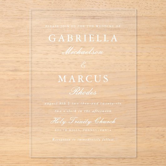 Eenvoudige en elegante bruiloft acryl uitnodigingen (Voorkant)