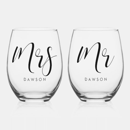 Eenvoudige en elegante bruiloft Mr & Mrs Set Wijnglas Zonder Voet (Voorkant)