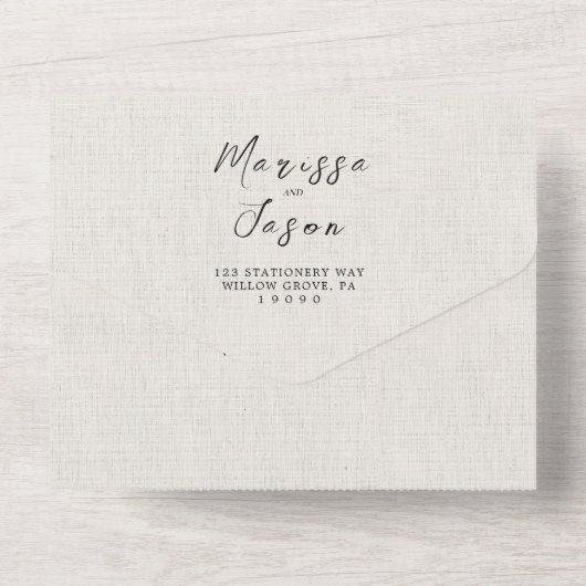 Eenvoudige en elegante canvas bruiloft all in one uitnodiging (Achterkant)