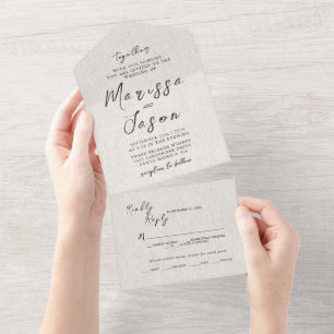 Eenvoudige en elegante canvas bruiloft all in one uitnodiging
