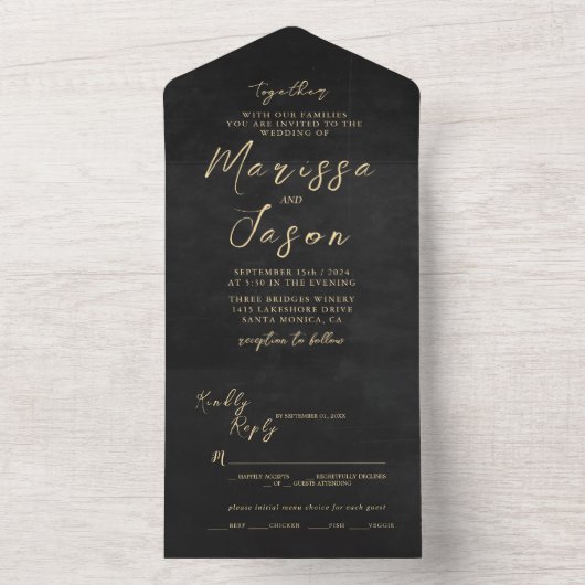 Eenvoudige en elegante gouden zwarte bruiloft all in one uitnodiging (Binnen)