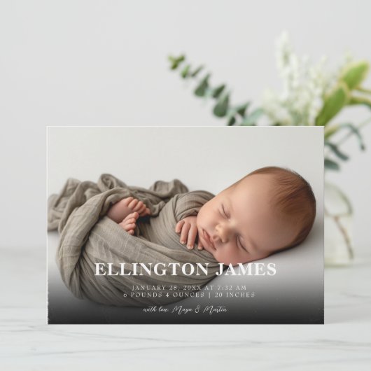 Eenvoudige en Elegante horizontale Baby Foto Geboo Aankondiging (Staand voorkant)