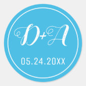 Eenvoudige en elegante initialen blauwe bruiloft ronde sticker (Voorkant)