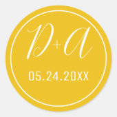 Eenvoudige en elegante initialen gele bruiloft ronde sticker (Voorkant)