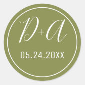 Eenvoudige en elegante initialen olijfgroene bruil ronde sticker (Voorkant)