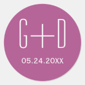 Eenvoudige en elegante initialen paarse bruiloft ronde sticker (Voorkant)