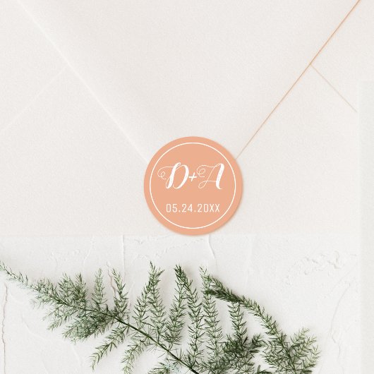 Eenvoudige en elegante initialen voor perzikbruilo ronde sticker