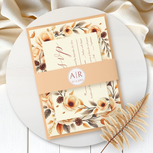 Eenvoudige en elegante initialen voor perzikbruilo uitnodigingen wikkel