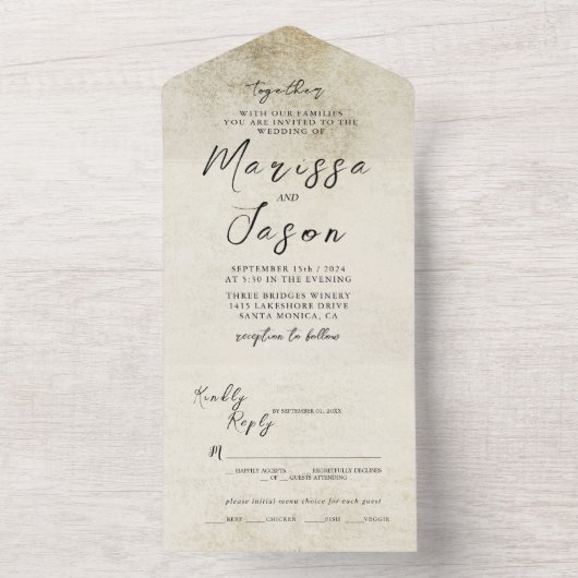 Eenvoudige en elegante oude papieren bruiloft all in one uitnodiging (Binnen)