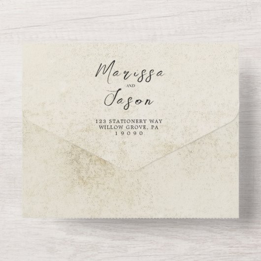 Eenvoudige en elegante oude papieren bruiloft all in one uitnodiging (Achterkant)