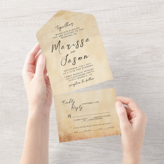 Eenvoudige en elegante oude rustieke bruiloft all in one uitnodiging (Afscheurbaar)
