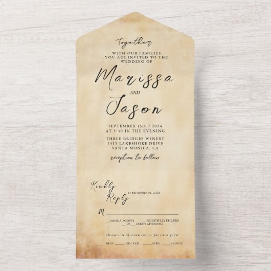 Eenvoudige en elegante oude rustieke bruiloft all in one uitnodiging (Binnen)