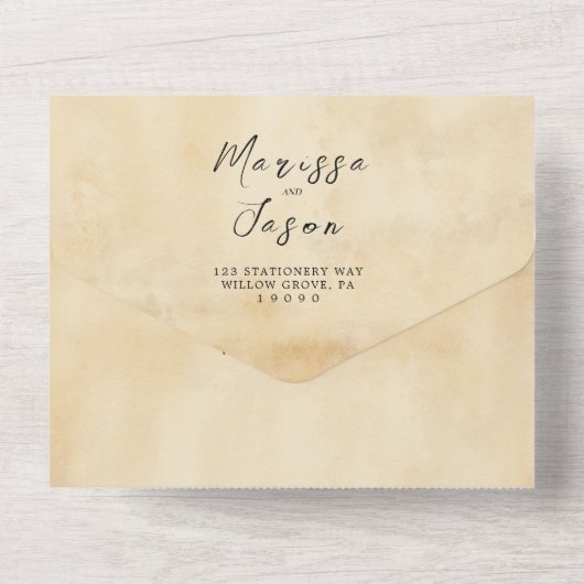 Eenvoudige en elegante oude rustieke bruiloft all in one uitnodiging (Achterkant)