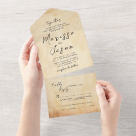 Eenvoudige en elegante oude rustieke bruiloft all in one uitnodiging