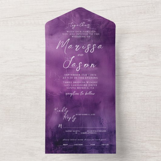 Eenvoudige en elegante Paarse bruiloft All In One Uitnodiging (Binnen)