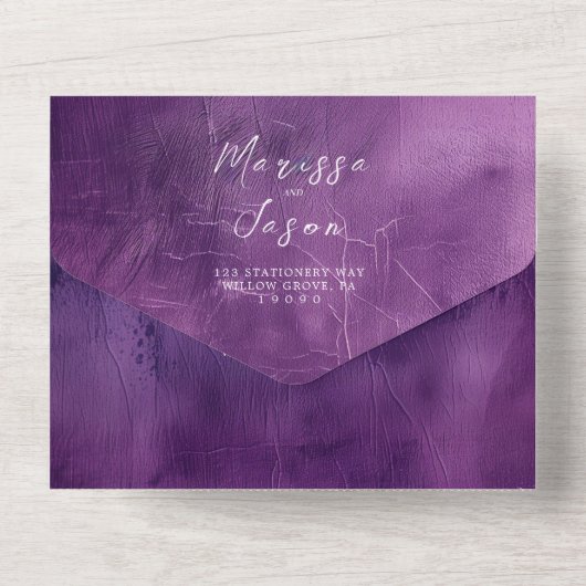 Eenvoudige en elegante Paarse bruiloft All In One Uitnodiging (Achterkant)