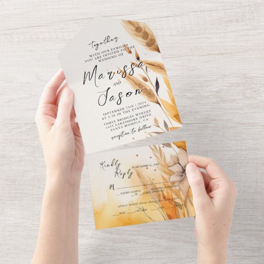 Eenvoudige en elegante Pampas bruiloft All In One Uitnodiging (Afscheurbaar)