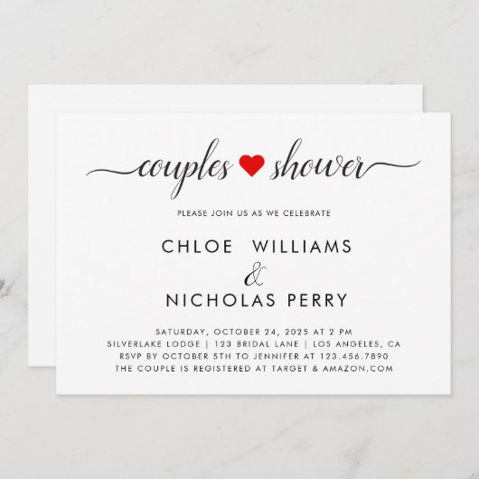 Eenvoudige en elegante rode hart koppels douche kaart (Voorkant / Achterkant)