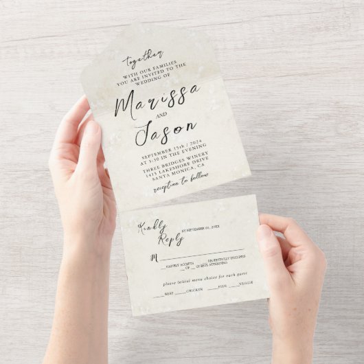 Eenvoudige en elegante rustieke Beige bruiloft All In One Uitnodiging (Afscheurbaar)