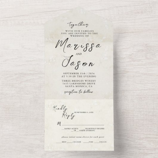 Eenvoudige en elegante rustieke Beige bruiloft All In One Uitnodiging (Binnen)