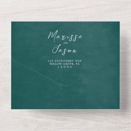 Eenvoudige en elegante rustieke groene bruiloft all in one uitnodiging (Achterkant)