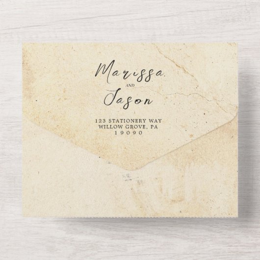 Eenvoudige en elegante rustieke stenen bruiloft all in one uitnodiging (Achterkant)