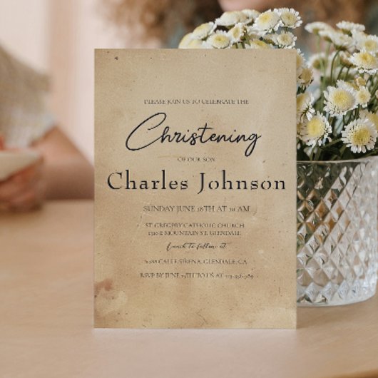 Eenvoudige en elegante rustieke zoon doop kaart