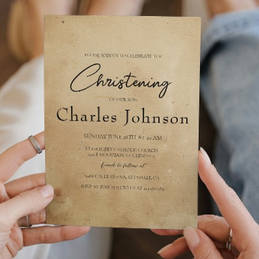 Eenvoudige en elegante rustieke zoon doop kaart