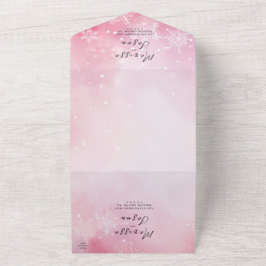 Eenvoudige en elegante sneeuwvlokken en roze bruil all in one uitnodiging (Buitenkant)