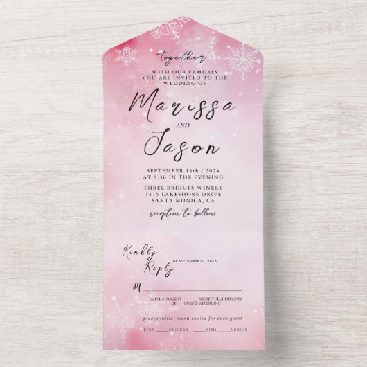 Eenvoudige en elegante sneeuwvlokken en roze bruil all in one uitnodiging (Binnen)