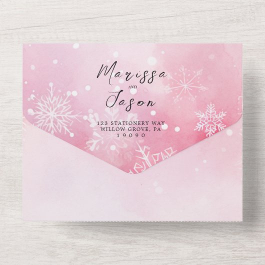 Eenvoudige en elegante sneeuwvlokken en roze bruil all in one uitnodiging (Achterkant)