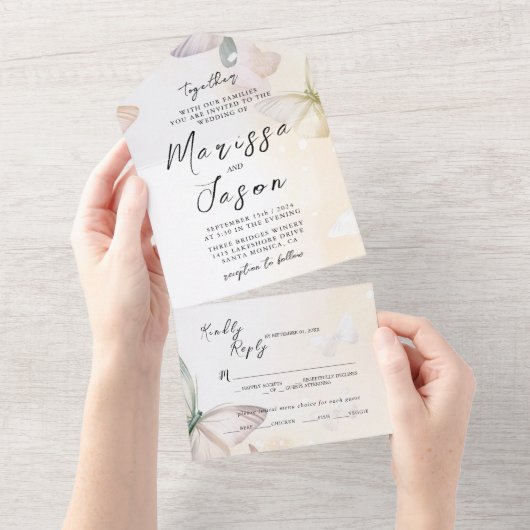 Eenvoudige en elegante vlinders bruiloft all in one uitnodiging (Afscheurbaar)