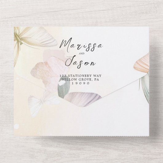 Eenvoudige en elegante vlinders bruiloft all in one uitnodiging (Achterkant)