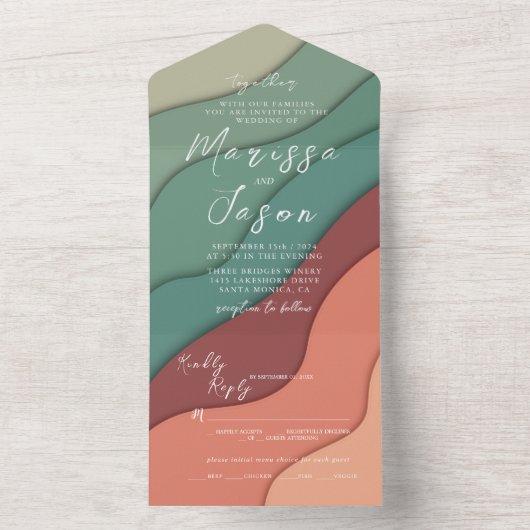 Eenvoudige en elegante warme kleuren bruiloft all in one uitnodiging (Binnen)