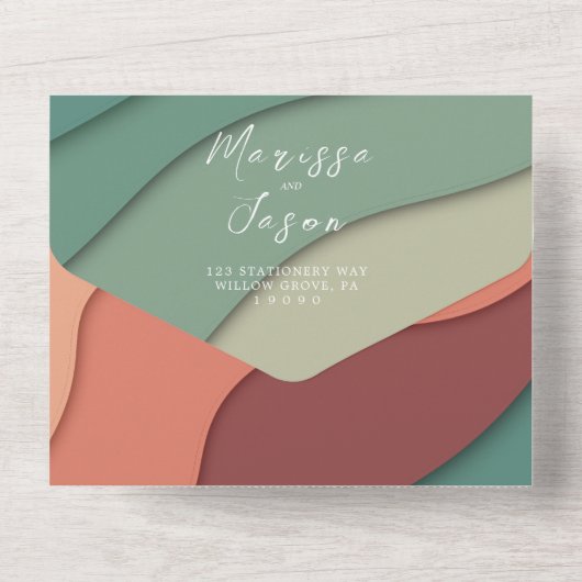 Eenvoudige en elegante warme kleuren bruiloft all in one uitnodiging (Achterkant)