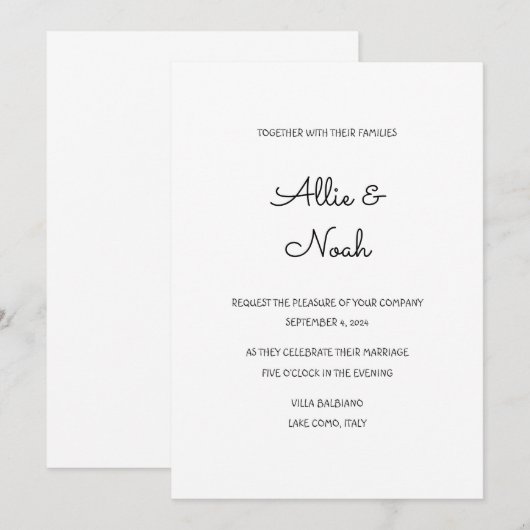 Eenvoudige en elegante witte bruiloft uitnodigings kaart (Voorkant / Achterkant)