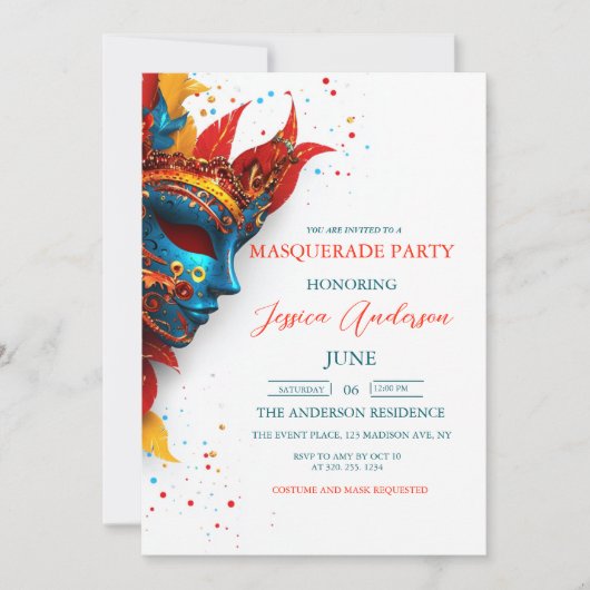 eenvoudige en elegante witte Masquerade Party Verj Kaart (Voorkant)