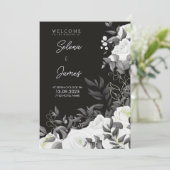 Eenvoudige en elegante zwart-wit bloemenbruiloft kaart (Staand voorkant)