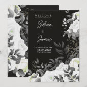 Eenvoudige en elegante zwart-wit bloemenbruiloft kaart (Voorkant / Achterkant)