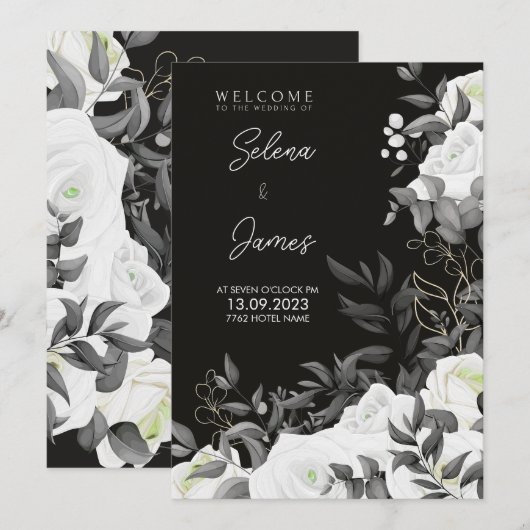 Eenvoudige en elegante zwart-wit bloemenbruiloft kaart (Voorkant / Achterkant)