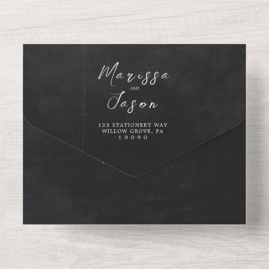 Eenvoudige en elegante zwarte bruiloft all in one uitnodiging (Achterkant)