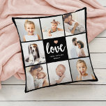 Eenvoudige en grafische fotocollage | Liefde met h Kussen<br><div class="desc">Deze zwarte kussen voorzien van een fotoraster met acht van uw persoonlijke foto's, en trendy moderne scripttypografie die "liefde" zegt. Er is ook een elegant hart met een nepgoudblik. Een simpel, minimalistisch maar absoluut stijlvol cadeau voor je moeder, echtgenoot of familielid wanneer je ze wilt laten weten hoeveel ze van...</div>