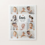 Eenvoudige en grafische fotocollage | Liefde met h Legpuzzel<br><div class="desc">Deze zwarte en witte puzzel kenmerkt een fotonet met elf van uw persoonlijke foto's, en trendy moderne manuscripttypografie die "Liefde" zegt. Er is ook een elegant hart met een nepgoudblik. Een simpel, minimalistisch maar absoluut stijlvol cadeau voor je moeder, echtgenoot of familielid wanneer je ze wilt laten weten hoeveel ze...</div>