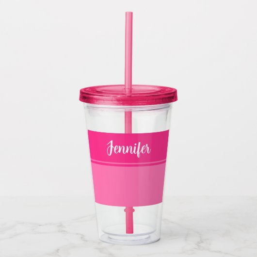 Eenvoudige en  Hot Pink Gestreepte Aangepaste Naam Acryl Drinkbeker (Voorkant)