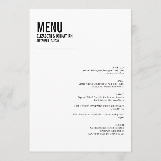Eenvoudige en minimale Typografie-bruiloft-menukaa Menu (Voorkant)