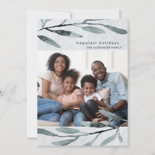 Eenvoudige en moderne blauwe botanische foto feestdagenkaart (Voorkant)