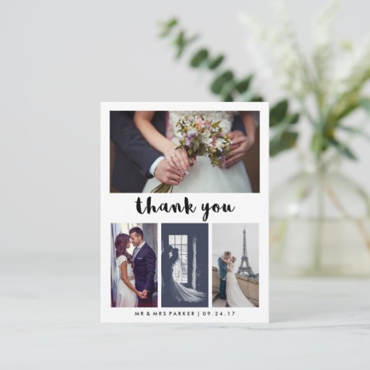 Eenvoudige en moderne bruiloft Dank u | 4 Foto Briefkaart (Staand voorkant)