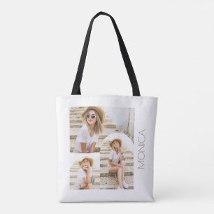 Eenvoudige en moderne fotocollage met naam tote bag