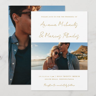 Eenvoudige en moderne gouden en witte foto bruilof kaart