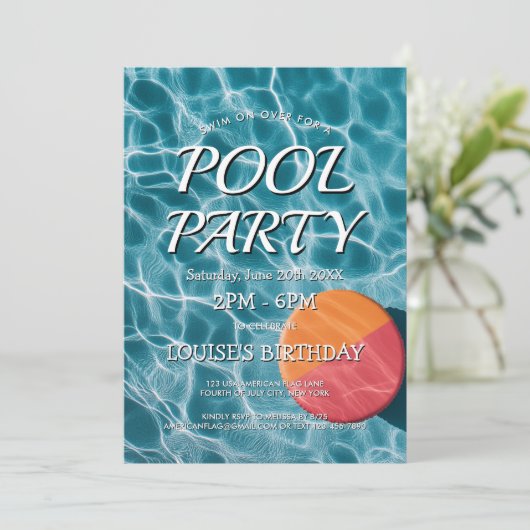 Eenvoudige en moderne pool party uitnodiging (Staand voorkant)